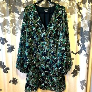 City Chic a-line dress with v-neck black, green, and white.